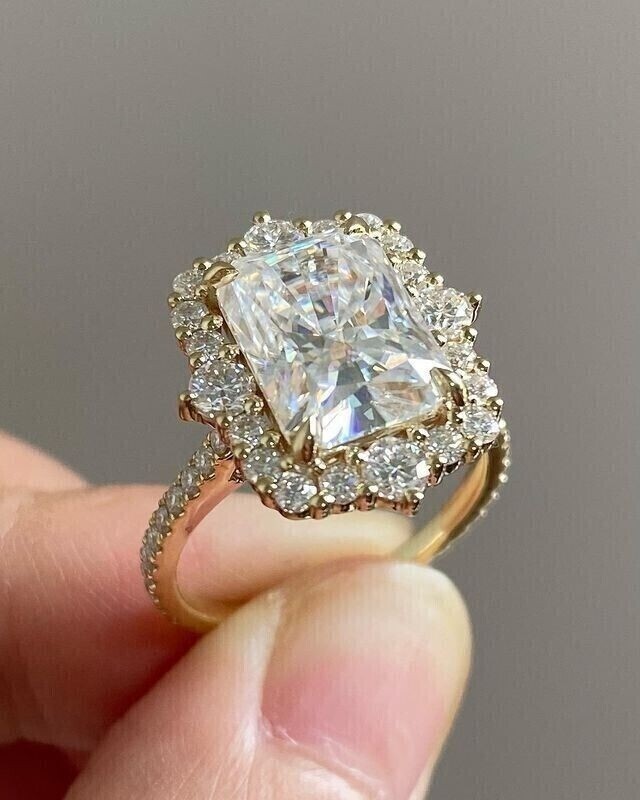 3Ct Radiant Cut Lab Created Halo Engagement Ring 14k Yellow Gold Plated