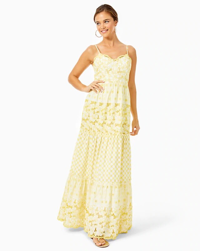 Pre-owned Lilly Pulitzer $298  Kyla Maxi Dress St Tropez Yellow Garden Gate Eyelet 2 4 In Yellow White