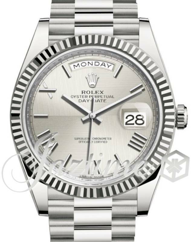 Rolex Day-Date 40 White Gold Silver Quadrant Roman Fluted