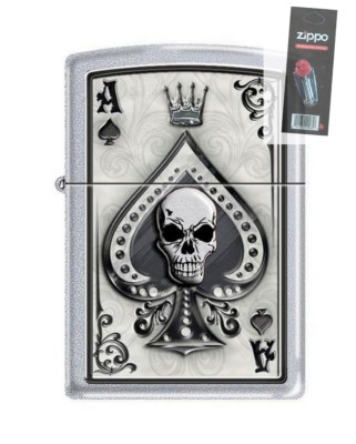Zippo 4858 Ace of Spades Skull Satin Chrome Finish Lighter + FLINT PACK