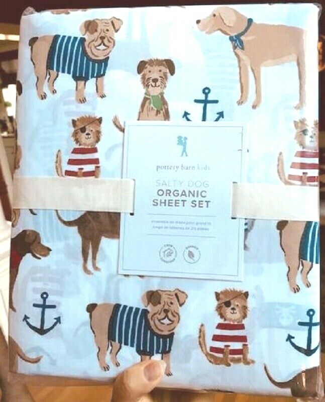 Pottery Barn Kids Salty Dog Sheet Set Queen Anchor Nautical Puppy Pirate