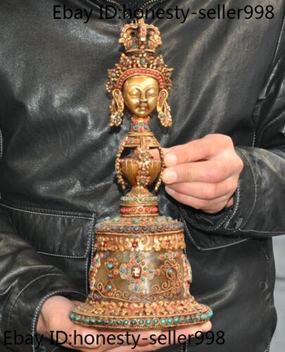 12.8" Tibet temple bronze 24k gold Gilt Inlay crystal gem Tara statue Bell chung