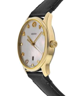 Pre-owned Gucci G-timeless Mother Of Pearl Dial Leather Strap Women's Watch Ya126589