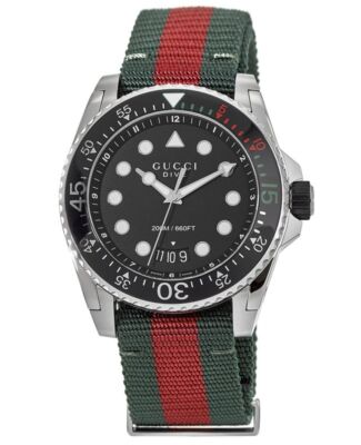 Pre-owned Gucci Dive Black Dial Green And Red Nylon Fabric Strap Men's Watch Ya136209a