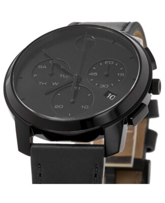 Pre-owned Movado Bold Thin Chronograph Quartz Black Dial Leather Men's Watch 3600835