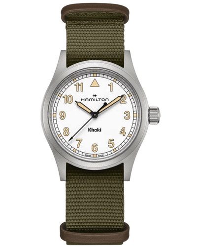 Новые мужские часы Hamilton Khaki Field с белым кварцевым циферблатом и зеленой тканью H69401910