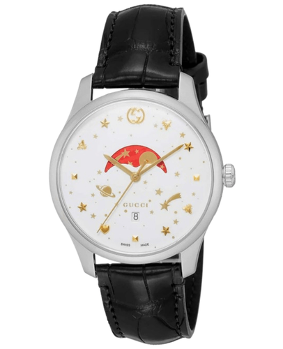 Pre-owned Gucci G-timeless Quartz White Dial Black Leather Strap Men's Watch Ya126325