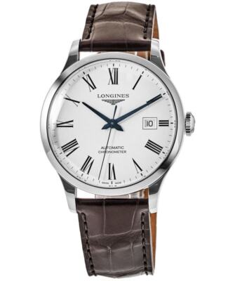 New Longines Record White Dial Brown Leather Strap Mens Watch L2.821.4.11.2