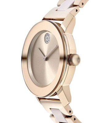 Pre-owned Movado Bold Ceramic Gold Dial Rose Gold Steel Women's Watch 3600799