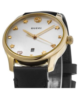 Pre-owned Gucci G-timeless Mother Of Pearl Dial Leather Strap Women's Watch Ya126589
