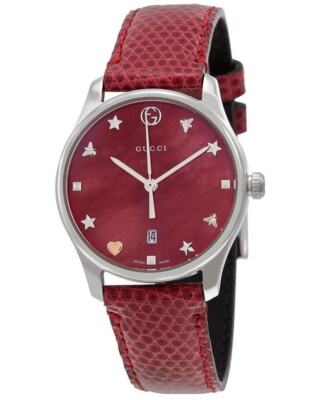 Pre-owned Gucci G-timeless Red Mother Of Pearl Dial Women's Watch Ya126584