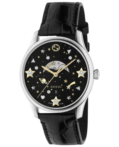 Pre-owned Gucci G-timeless Quartz Black Diamond Dial Leather Women's Watch Ya1264091