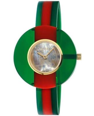 Pre-owned Gucci Vintage Web Mother Of Pearl Dial Green And Women's Watch Ya143403