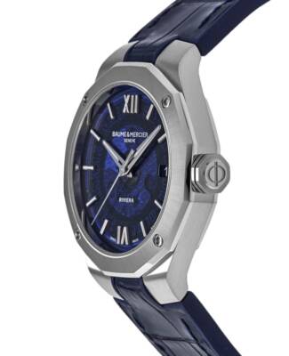 Pre-owned Baume & Mercier Riviera Blue Dial Leather Strap Men's Watch 10714