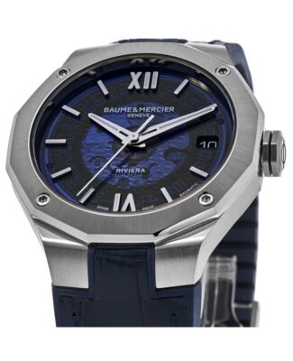 Pre-owned Baume & Mercier Riviera Blue Dial Leather Strap Men's Watch 10714