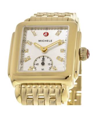 Pre-owned Michele Deco Mid Yellow Gold Tone Women's Watch Mww06v000004