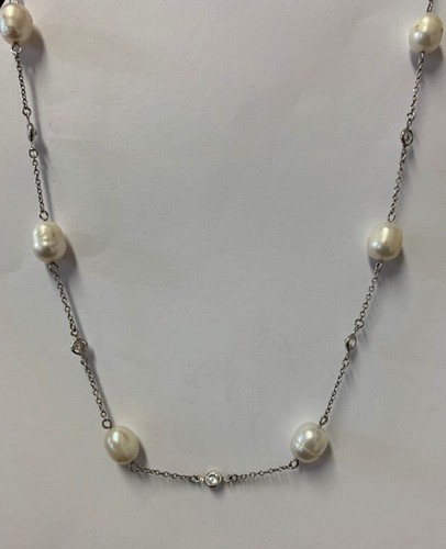 Estate Jewelry Ladies Cubic Zirconia & Pearl Necklace Sterling Silver 18" Long