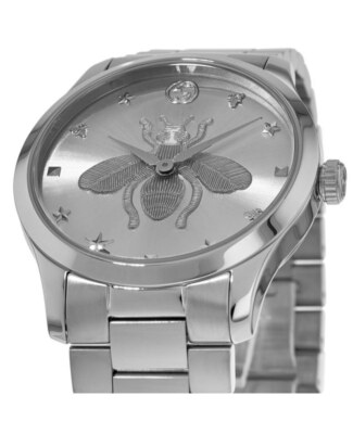 Pre-owned Gucci G-timeless 38mm Silver Bee Dial Steel Women's Watch Ya1264126