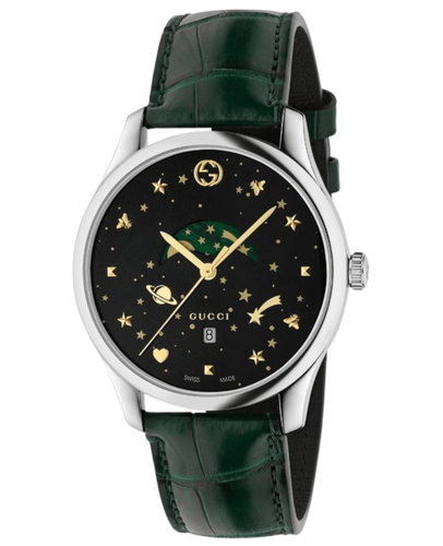 Новые мужские часы Gucci G-Timeless с черным кварцевым циферблатом и зеленым кожаным ремешком YA126326
