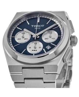 Pre-owned Tissot Prx T-classic Chronograph Blue Dial 27 Jewels Automatic 100m Mens Watch