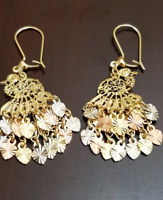 Pre-owned Handmade Gold Peacock Chandelier Earring 14k Solid Real Filigree Gypsy Long Dangle 2" In Multicolor