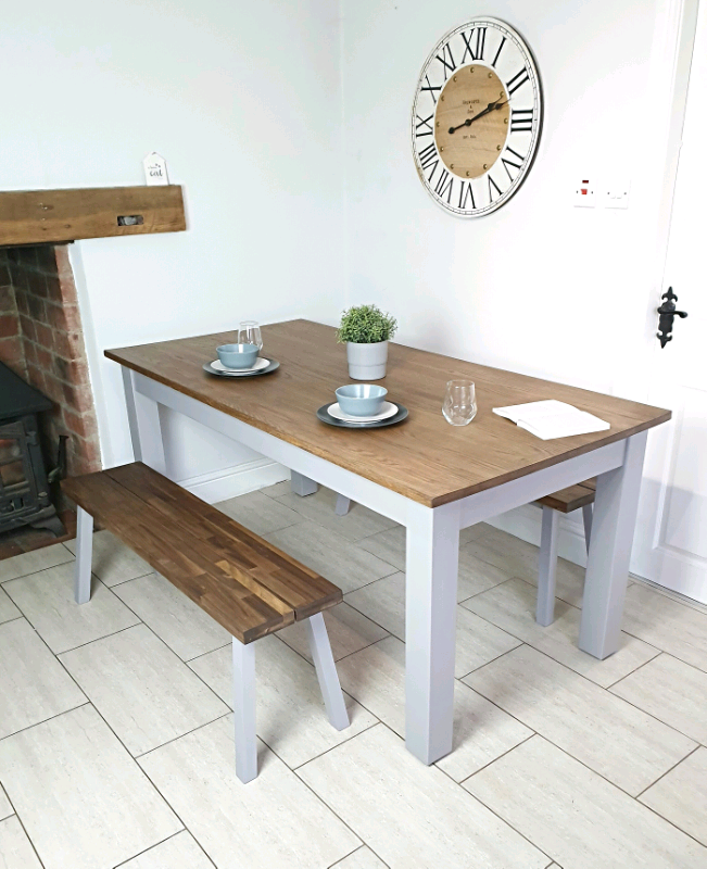 Stunning Grey Solid Oak Kitchen/Dining Table and Two Benches in