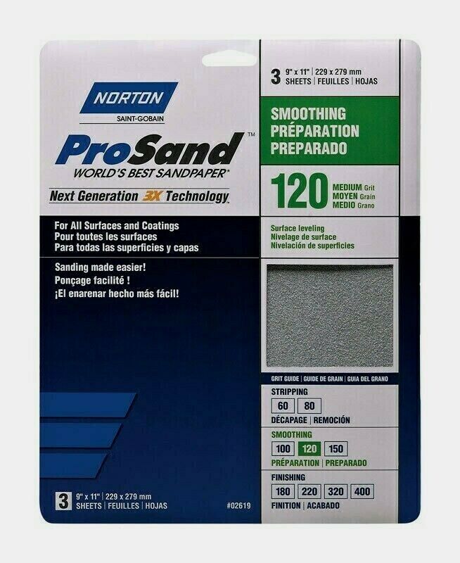Norton ProSand SANDPAPER SHEETS 3 ct Smoothing 120 Grit Medium...