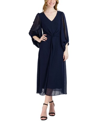 Donna Ricco Women's Swiss Dot Midi Dress (Navy, 16)