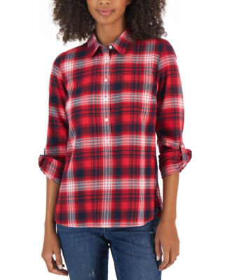 Tommy Hilfiger Women's Patch Pocket 5-Button Top (Red Multi, Large)