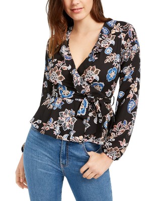 Q & A Women's Floral Surplice Top (Black Multi, L)