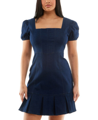 Planet Gold Women's Juniors' Puff-Sleeve Denim Dress (Navy, Medium)
