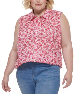 Tommy Hilfiger Women's Plus Cotton Sleeveless Shirt (Floral Scarlet, 1X)