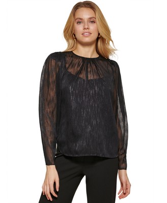 DKNY Women's Crewneck Long-Puff-Sleeve Mesh Top (Black, X-Large)