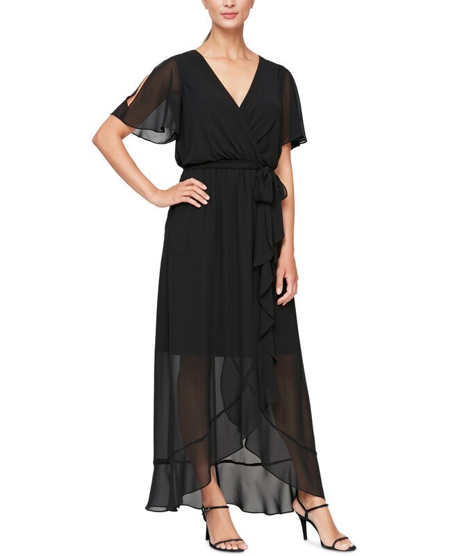 SLNY Fashions Ruffled Wrap Dress Women's 16 Black Surplice Neck Belted Pullover - Picture 1 of 16
