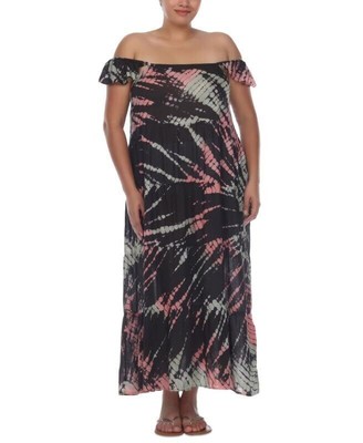 Raviya Plus Size 2X Tie-Dye Off-The-Shoulder Maxi Dress Cover-Up in Black NWOT