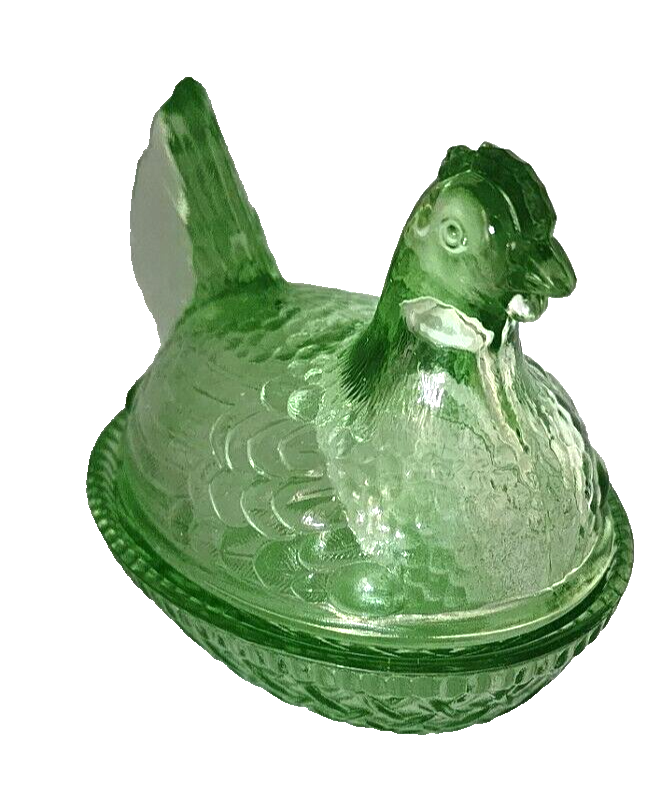 Wilkerson Art Deco Trinket Key Lime Hen Chicken Glow Glass On Basket 3.25" Wide