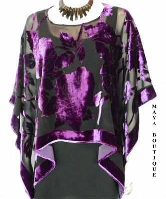 Pre-owned Maya Matazaro Silk Burnout Velvet Poncho Kimono Top Amethyst & Black No Fringe