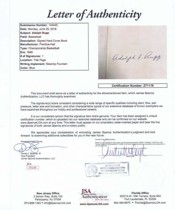 Adolph Rupp Signed Rupp's Championship Basketball Hardback Book JSA Kentucky