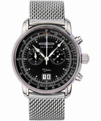 Pre-owned Zeppelin 100 Years Watch Black Dial 12 Hour Totalizer Big Date 5atm Wr 7690m-2