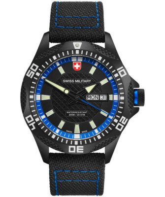 Pre-owned 8692055018 Cx Swiss Military Tank Nero Rawhide Watch Pvd Case Canvas Strap Bk/bl Dial 27421