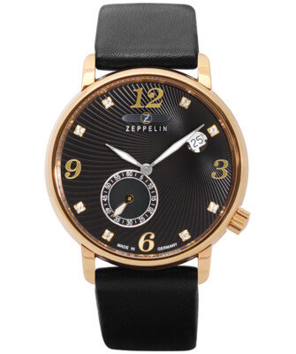 Pre-owned Zeppelin Luna Ladies Watch Swiss Quartz Swarovski R/gold Case Black Dial 7633-2