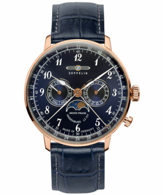 Pre-owned Zeppelin Lz129 Hindenburg Quartz Watch Rgold Case Moon Phase Blu/blk Dial 7038-3