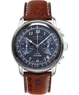 Pre-owned Zeppelin Lz126 Los Angeles Chrono Watch Ss 42mm Case Tachymeter Blue Dial 7614-3