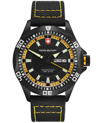 Pre-owned 8692055018 Cx Swiss Military Tank Nero Rawhide Watch Pvd Case Canvas Strap Bk/ye Dial 27441