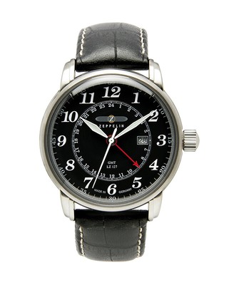 Pre-owned Zeppelin Lz127 Swiss Quartz Gmt Watch Gmt Dual Time Black Dial 5atm 42mm 7642-2