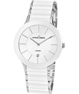 Pre-owned Jacques Lemans Classic 'dublin' Watch 40mm Ceramic Strap Sapphire Glass Wht Dial