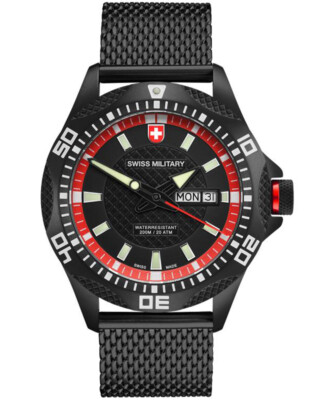 Pre-owned 8692055018 Cx Swiss Military Tank Nero Day/date Watch Pvd Case/bracelet Black/red Dial 2741