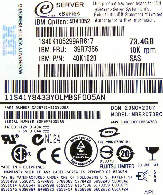 FESTPLATTE IBM SAS 73GB 10K 39R7366 40K1020 16MB 2,5
