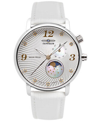 Pre-owned Zeppelin Luna Ladies Watch Swiss Quartz Swarovski Moon Phase Silver Dial 7637-1