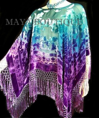 Pre-owned Aqua Blues Purple Aqua Hand Dyed Poncho Shawl Top Silk Velvet Wearable Art Maya Matazaro